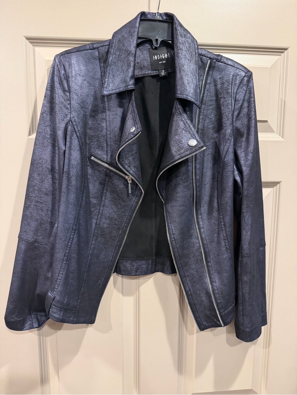 Like New Insight NYC Faux Leather Moto Jacket in Metallic Navy